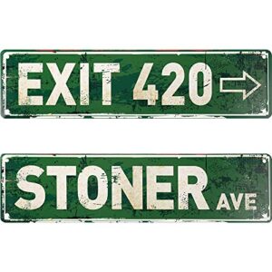 2 pieces vintage exit sign decor retro stoner avenue street sign and rustic exit 420 sign metal tin sign for home wall decor 4 x 16 inches