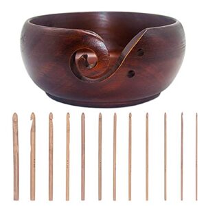 LAMXD Brown Wooden Yarn Bowl with 12 pcs Bamboo Handle Crochet Hook,Wool Storage Handmade Crochet Kit Organizer,Skein Storage Bowl - Knitting & Crochet Yarn Storage Bowls & Accessories