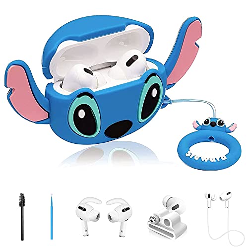 7 in 1 Stitch Airpod Pro Kit, Fashion Cute Funny Cool Silicone Cover for Girls Boys Woman Kids with Ear Hooks/Anti-Lost Strap/Case/Watch Band Holder/Brush/Keychain (Disney Stitch Blue )