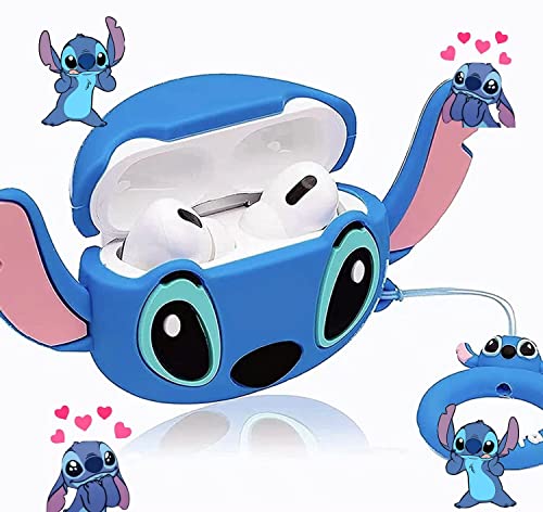 7 in 1 Stitch Airpod Pro Kit, Fashion Cute Funny Cool Silicone Cover for Girls Boys Woman Kids with Ear Hooks/Anti-Lost Strap/Case/Watch Band Holder/Brush/Keychain (Disney Stitch Blue )