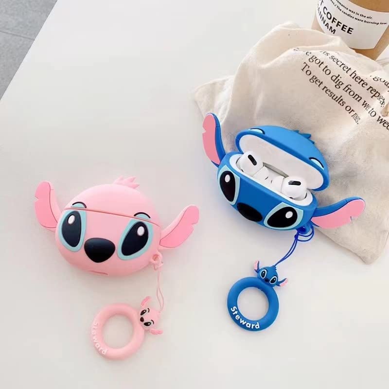 7 in 1 Stitch Airpod Pro Kit, Fashion Cute Funny Cool Silicone Cover for Girls Boys Woman Kids with Ear Hooks/Anti-Lost Strap/Case/Watch Band Holder/Brush/Keychain (Disney Stitch Blue )