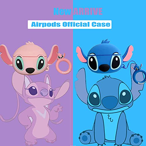 7 in 1 Stitch Airpod Pro Kit, Fashion Cute Funny Cool Silicone Cover for Girls Boys Woman Kids with Ear Hooks/Anti-Lost Strap/Case/Watch Band Holder/Brush/Keychain (Disney Stitch Blue )