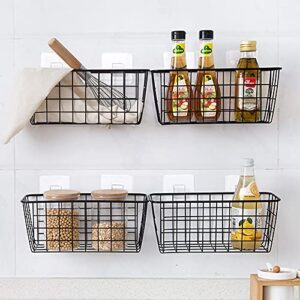 metal hanging wire basket with hooks for storage, bawuie 4 pack wall mount on door sturdy organizer holder, farmhouse rustic decor home bin for kitchen cabinets pantry bathroom bedroom office, black