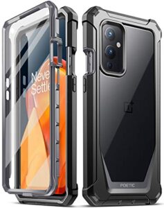 poetic guardian series case designed for oneplus 9 5g, full-body hybrid shockproof bumper cover with built-in-screen protector, black/clear