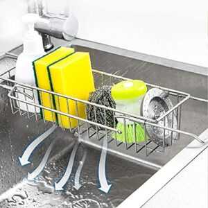 ibigly telescopic kitchen sink caddy sponge holder, expandable(12''-19'') brush soap storage rack with dish cloth hanger, stainless stee kitchen sink organizer, no drilling