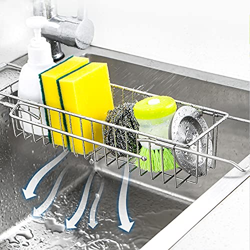 iBigLY Telescopic Kitchen Sink Caddy Sponge Holder, Expandable(12''-19'') Brush Soap Storage Rack with Dish Cloth Hanger, Stainless Stee Kitchen Sink Organizer, No Drilling