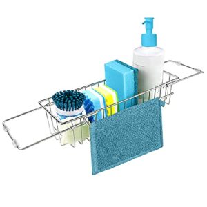 iBigLY Telescopic Kitchen Sink Caddy Sponge Holder, Expandable(12''-19'') Brush Soap Storage Rack with Dish Cloth Hanger, Stainless Stee Kitchen Sink Organizer, No Drilling