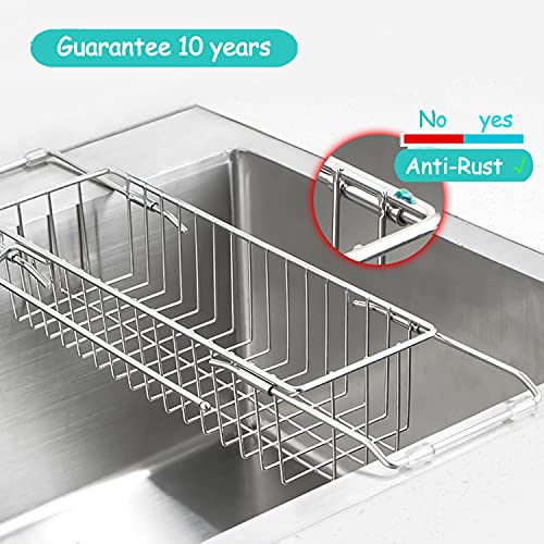 iBigLY Telescopic Kitchen Sink Caddy Sponge Holder, Expandable(12''-19'') Brush Soap Storage Rack with Dish Cloth Hanger, Stainless Stee Kitchen Sink Organizer, No Drilling