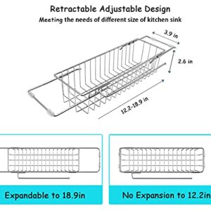 iBigLY Telescopic Kitchen Sink Caddy Sponge Holder, Expandable(12''-19'') Brush Soap Storage Rack with Dish Cloth Hanger, Stainless Stee Kitchen Sink Organizer, No Drilling