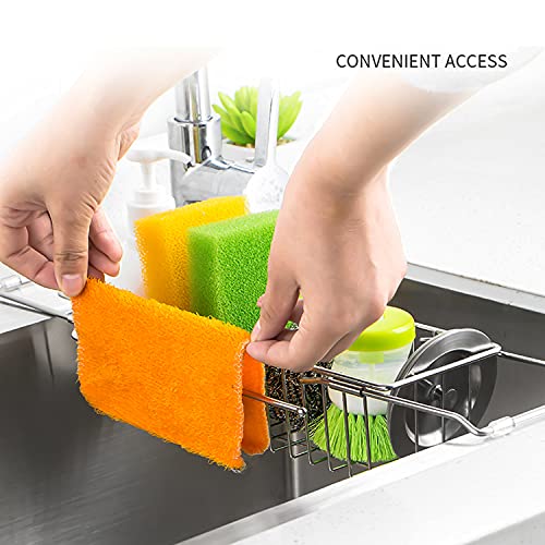 iBigLY Telescopic Kitchen Sink Caddy Sponge Holder, Expandable(12''-19'') Brush Soap Storage Rack with Dish Cloth Hanger, Stainless Stee Kitchen Sink Organizer, No Drilling