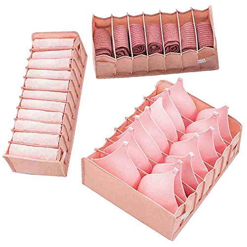 ZYDZ Closet Organizers and Storage, 3 Set Clothing Underwear Bra Sock Lingerie Chest Ties Small Parts Collapsible Organizer Drawer Divider for Bedroom, Pink