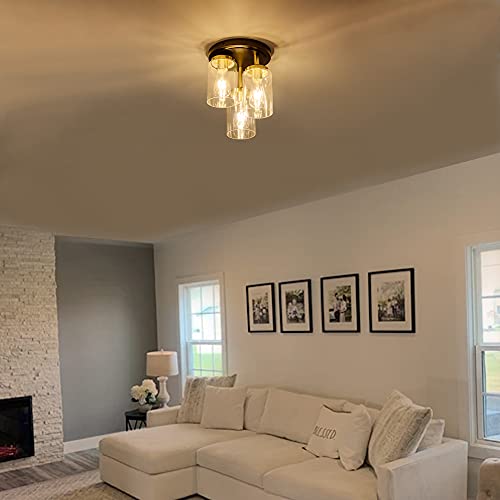 Mayful Semi Flush Mount Ceiling Light, 3-Light Clear Glass Shade Ceiling Light Fixture, Gold Finish Cluster Cylinder Ceiling Light Fixtures for Kitchen Dining Room Hallway Foyer