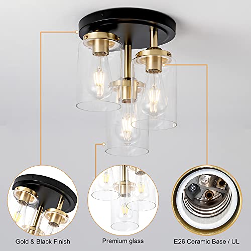 Mayful Semi Flush Mount Ceiling Light, 3-Light Clear Glass Shade Ceiling Light Fixture, Gold Finish Cluster Cylinder Ceiling Light Fixtures for Kitchen Dining Room Hallway Foyer