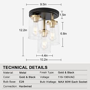 Mayful Semi Flush Mount Ceiling Light, 3-Light Clear Glass Shade Ceiling Light Fixture, Gold Finish Cluster Cylinder Ceiling Light Fixtures for Kitchen Dining Room Hallway Foyer