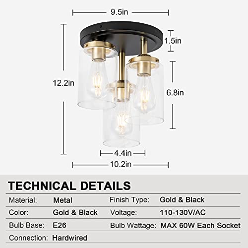 Mayful Semi Flush Mount Ceiling Light, 3-Light Clear Glass Shade Ceiling Light Fixture, Gold Finish Cluster Cylinder Ceiling Light Fixtures for Kitchen Dining Room Hallway Foyer