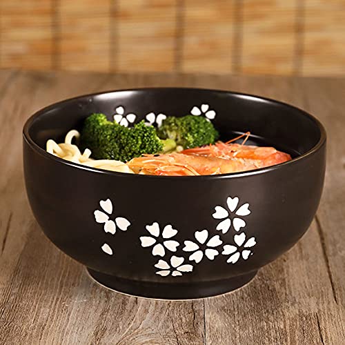 WHJY Black Ceramic Bowl with Lid, Spoon, Chopsticks for Soup, Rice, Noodles. Japanese Traditional Style Tableware.