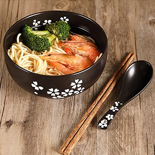 WHJY Black Ceramic Bowl with Lid, Spoon, Chopsticks for Soup, Rice, Noodles. Japanese Traditional Style Tableware.