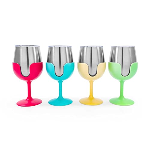 Camco Life is Better at the Campsite Wine Tumbler Set | Great for Camping, Tailgating and Parties | Feature Colorful, Removable Stems | 8 oz, 4-Pack (53068),Silver