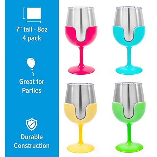 Camco Life is Better at the Campsite Wine Tumbler Set | Great for Camping, Tailgating and Parties | Feature Colorful, Removable Stems | 8 oz, 4-Pack (53068),Silver