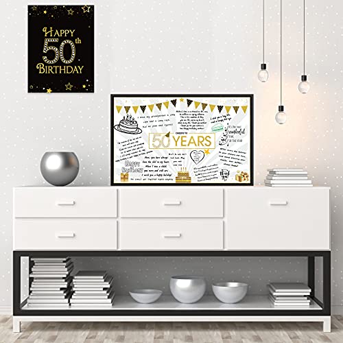 Birthday Card decoration Happy Birthday Jumbo Message Greeting Cards Black and Gold Balloons Stars Birthday Party Decoration Card Guest Book Alternative Sign Poster for men women (50th Birthday)