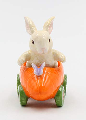 Fine Ceramic Bunny Rabbit on Carrot Cart Salt & Pepper Shakers, 4 1/4" L