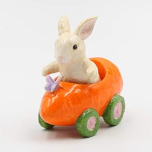 Fine Ceramic Bunny Rabbit on Carrot Cart Salt & Pepper Shakers, 4 1/4" L