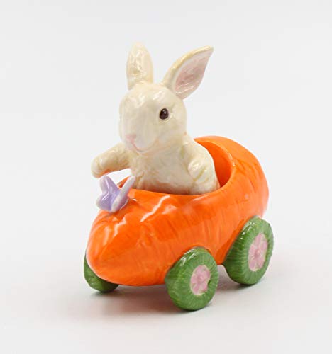 Fine Ceramic Bunny Rabbit on Carrot Cart Salt & Pepper Shakers, 4 1/4" L