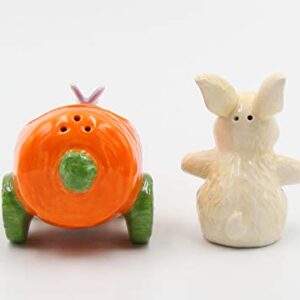 Fine Ceramic Bunny Rabbit on Carrot Cart Salt & Pepper Shakers, 4 1/4" L