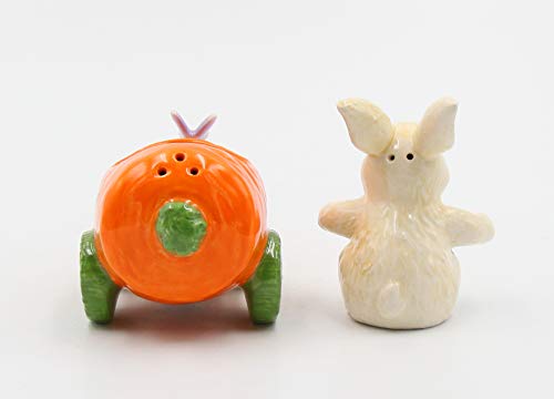 Fine Ceramic Bunny Rabbit on Carrot Cart Salt & Pepper Shakers, 4 1/4" L