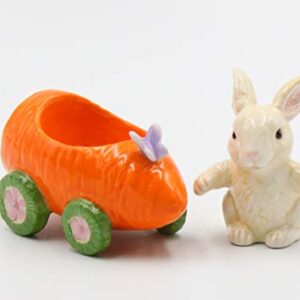 Fine Ceramic Bunny Rabbit on Carrot Cart Salt & Pepper Shakers, 4 1/4" L