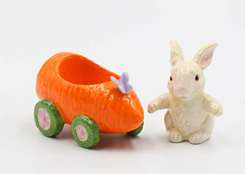 Fine Ceramic Bunny Rabbit on Carrot Cart Salt & Pepper Shakers, 4 1/4" L