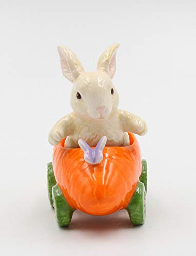 Fine Ceramic Bunny Rabbit on Carrot Cart Salt & Pepper Shakers, 4 1/4" L