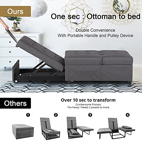 IPKIG Convertible Chair Sleeper Bed, 4 in 1 Multi-Function Sleeper Sofa Folding Ottoman Modern Linen Fabric Guest Bed with Lumbar Pillow and Adjustable Sleeper for Small Space Apartment (Dark Grey)