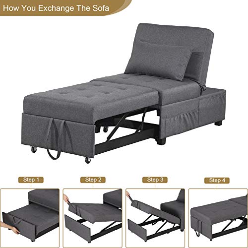 IPKIG Convertible Chair Sleeper Bed, 4 in 1 Multi-Function Sleeper Sofa Folding Ottoman Modern Linen Fabric Guest Bed with Lumbar Pillow and Adjustable Sleeper for Small Space Apartment (Dark Grey)