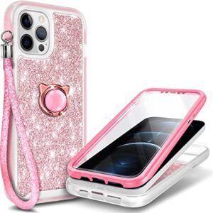 NZND Case for iPhone 11 with Built-in Screen Protector (6.1 inch, 2019) Ring Holder/Wrist Strap, Full-Body Protective Shockproof Rugged Bumper Cover, Impact Resist Durable Case (Glitter Rose Gold)