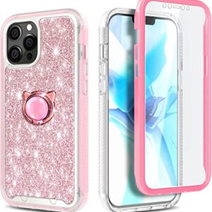 NZND Case for iPhone 11 with Built-in Screen Protector (6.1 inch, 2019) Ring Holder/Wrist Strap, Full-Body Protective Shockproof Rugged Bumper Cover, Impact Resist Durable Case (Glitter Rose Gold)