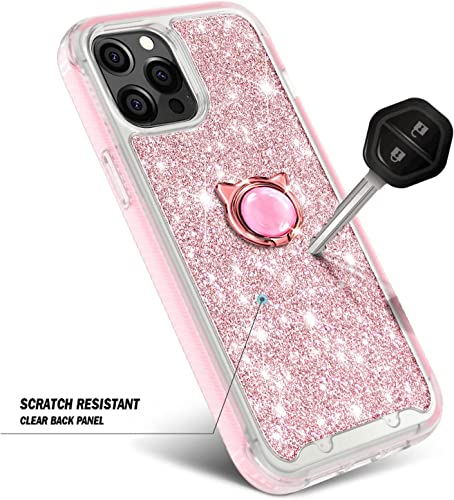 NZND Case for iPhone 11 with Built-in Screen Protector (6.1 inch, 2019) Ring Holder/Wrist Strap, Full-Body Protective Shockproof Rugged Bumper Cover, Impact Resist Durable Case (Glitter Rose Gold)