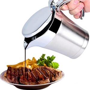 FOXDISK 304 Stainless Steel Double Insulated Gravy Boat 16 oz with Hinged Lid,Sauce Jug and Steak Sauce Pot Double Walled Insulated Thermal (16 oz/450ml)