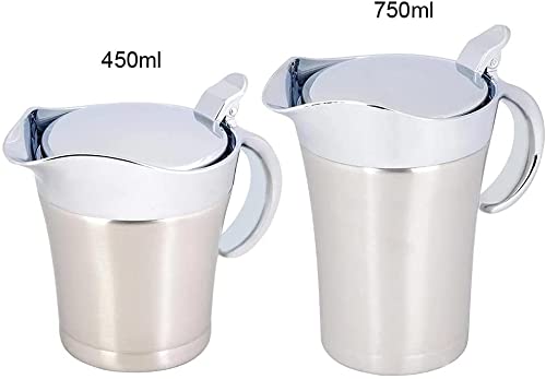 FOXDISK 304 Stainless Steel Double Insulated Gravy Boat 16 oz with Hinged Lid,Sauce Jug and Steak Sauce Pot Double Walled Insulated Thermal (16 oz/450ml)