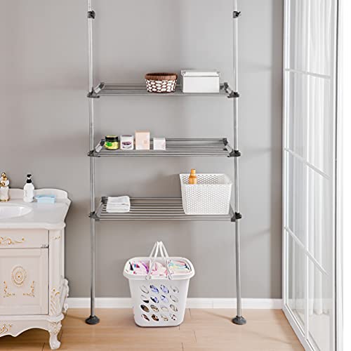 BAOYOUNI 3 Tiers Laundry Room Shelf Clothes Garment Rack Organizer Over Toilet Washer Dryer Storage Shelving Stand Double Tension Pole Extendable Bathroom Space Saver, Large Shelves - Grey