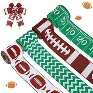26 yards 2.5 inch football wired ribbon sport wired edge ribbon football printed burlap ribbon green striped ribbon for diy present wrapping craft, football fan wreath, swag and bow, 4 rolls