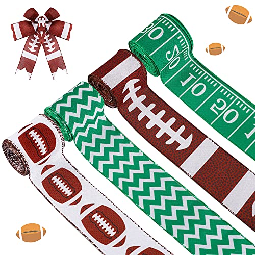 26 Yards 2.5 Inch Football Wired Ribbon Sport Wired Edge Ribbon Football Printed Burlap Ribbon Green Striped Ribbon for DIY Present Wrapping Craft, Football Fan Wreath, Swag and Bow, 4 Rolls