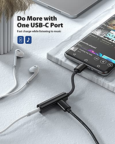 USB C Headphone and Charger Adapter, 2 in 1 Stouchi 32bit 384khz USB Type C to 3.5mm Audio Jack with PD 30W Fast Charging Converter for Stereo, Aux, Earphones Compatible with Galaxy S20/S21 Note 20/10