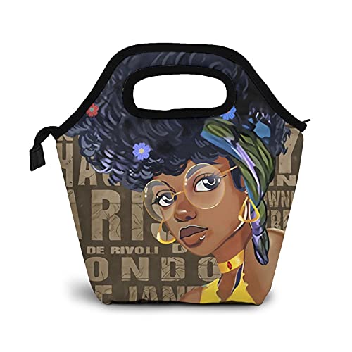 Akuroou African American Women Lunch Bag Black Girl Handbag Lunch Kit Insulated Cooler Box For Travel, Picnic, Work, School Reusable