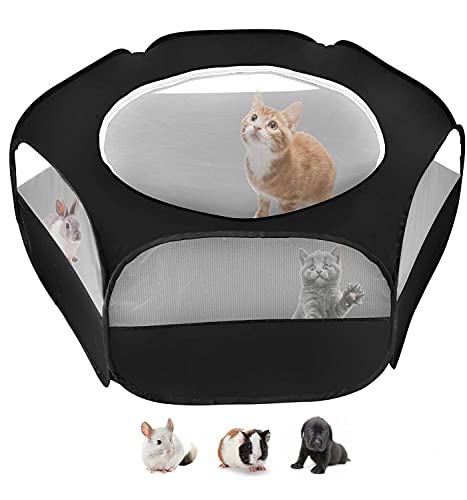 Pet Playpens with Top Cover for Small Animals Foldabel Breathable Transparent Pet Tent Anti Escape Portable Pet Cage Yard Fence for Puppy Dogs Hamster Kitten Cats Chinchillas Guinea Pig Rabbits