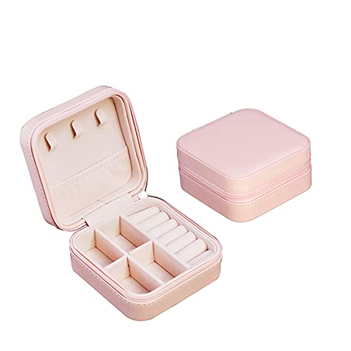 onlyamazing Portable Travel Mini Jewelry Box Pink Leather Jewellery Ring Earrings Organizer Case Storage Box Valentines Gift (Pink)