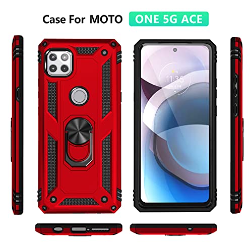 YZOK Compatible with Motorola One 5G Ace Phone Case,with HD Screen Protector,[Military Grade] Ring Car Mount Kickstand Hybrid Hard PC Soft TPU Shockproof Protective Case for Moto One 5G Ace (Red)