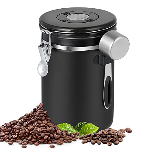 Pitmoly Airtight Coffee Canister, Stainless Steel Coffee Container, Food Storage Containers with Date Tracker and Scoop, Coffee Jar for Coffee Grounds and Beans,22 oz (Black)