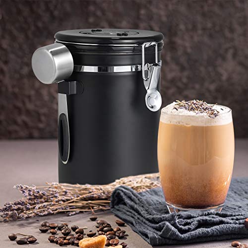 Pitmoly Airtight Coffee Canister, Stainless Steel Coffee Container, Food Storage Containers with Date Tracker and Scoop, Coffee Jar for Coffee Grounds and Beans,22 oz (Black)