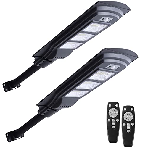 ILLSTAR Solar Street Lights Outdoor - Solar Street Light Dusk to Dawn 300W Equivalent - Motion Sensor & Remote Control - Solar Street Light for Parking Lot,Backyard, Pathway etc.（2-Pack